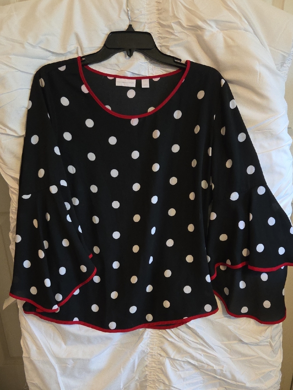 Black Polka Dot Bell Sleeve Top with Red Trim And BELL SLEEVES